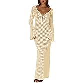Saodimallsu Womens Crochet Maxi Cover Up Dress Beach Swim Vacation Coverups Long Sleeve Sexy Bodycon Summer Knit Dresses