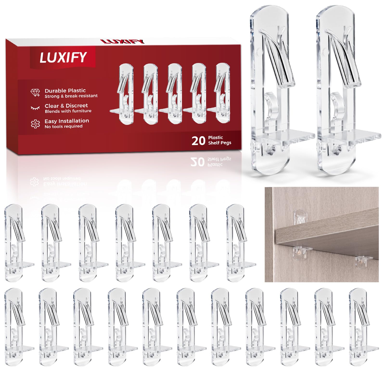 Photo 1 of 20 PCS Locking Shelf Pegs 5mm*3/4" Plastic Clear Shelf Pins & Pegs for Kitchen Cabinets, Bookcases, Wardrobe Transparent Plastic Shelf Support Pins, Compatible with All Standard 5mm Holes