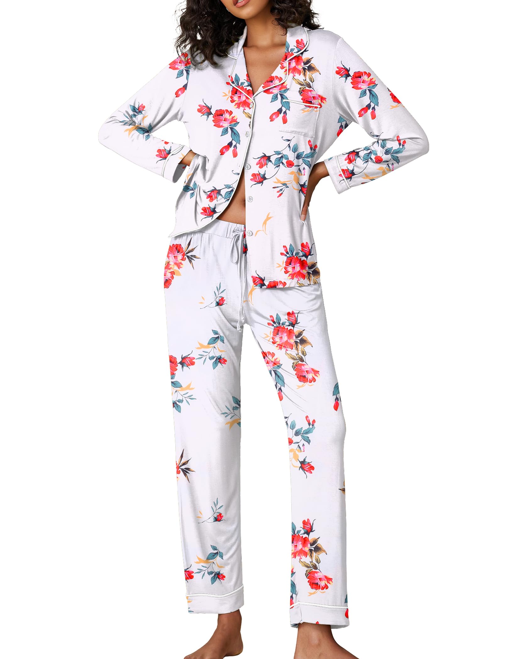 Ekouaer Pajamas Women's Long Sleeve Sleepwear Soft Button Down Loungewear Pjs Lounge Set Nightwear,Floral White,Large Image Ekouaer Pajamas Women's Long Sleeve Sleepwear Soft Button Down Loungewear Pjs Lounge Set Nightwear,Floral White,Large Image