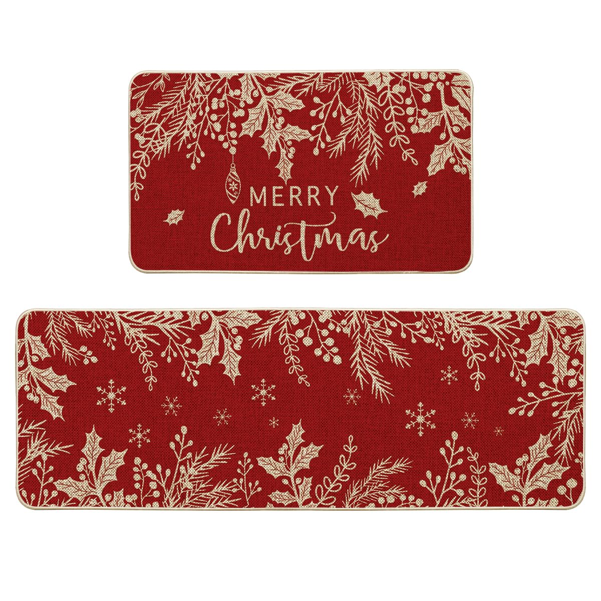 Photo 1 of Artoid Mode Holly Pine Branches Leaves Merry Christmas Kitchen Mats Set of 2, Winter Decor Low-Profile Kitchen Rugs for Floor - 17x29 and 17x47 Inch