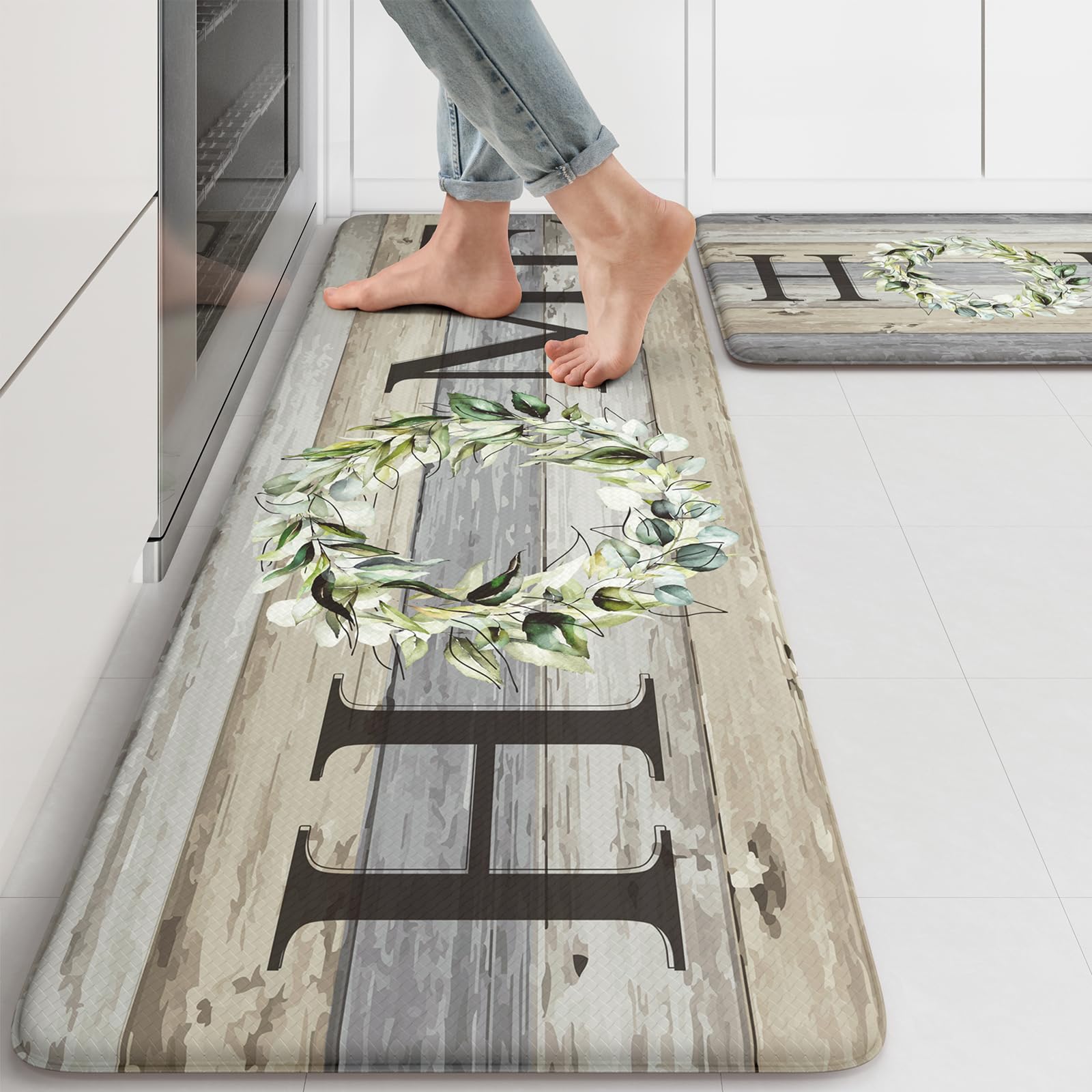 Photo 1 of KIMODE Kitchen Mats for Floor 17"x47"+17"x29", Farmhouse Kitchen Rugs Sets of 2, Anti Fatigue Mats for Kitchen Floor, Cushioned Comfort Kitchen Floor Mats for Sink, Laundry, Desk Grey