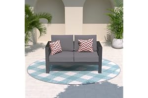 Amopatio Oversized Patio Furniture Aluminum Loveseat, All-Weather Outdoor 2 Seats Sofa Couch, Modern Metal Chair w/ 5 Inch Cushions, Dark Grey (Include Waterproof Sofa Covers)