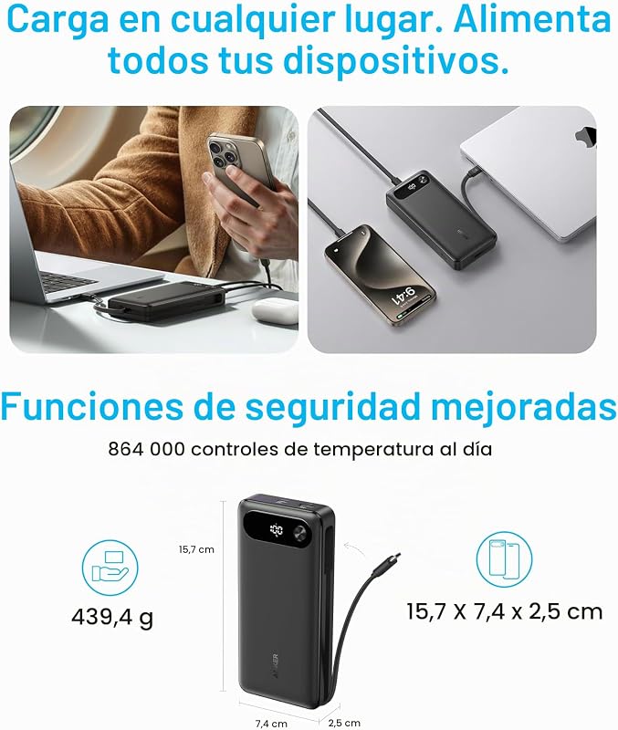 Power Bank 20.000 mAh 87 W con Cable USB C Integrado. Reacondicionado