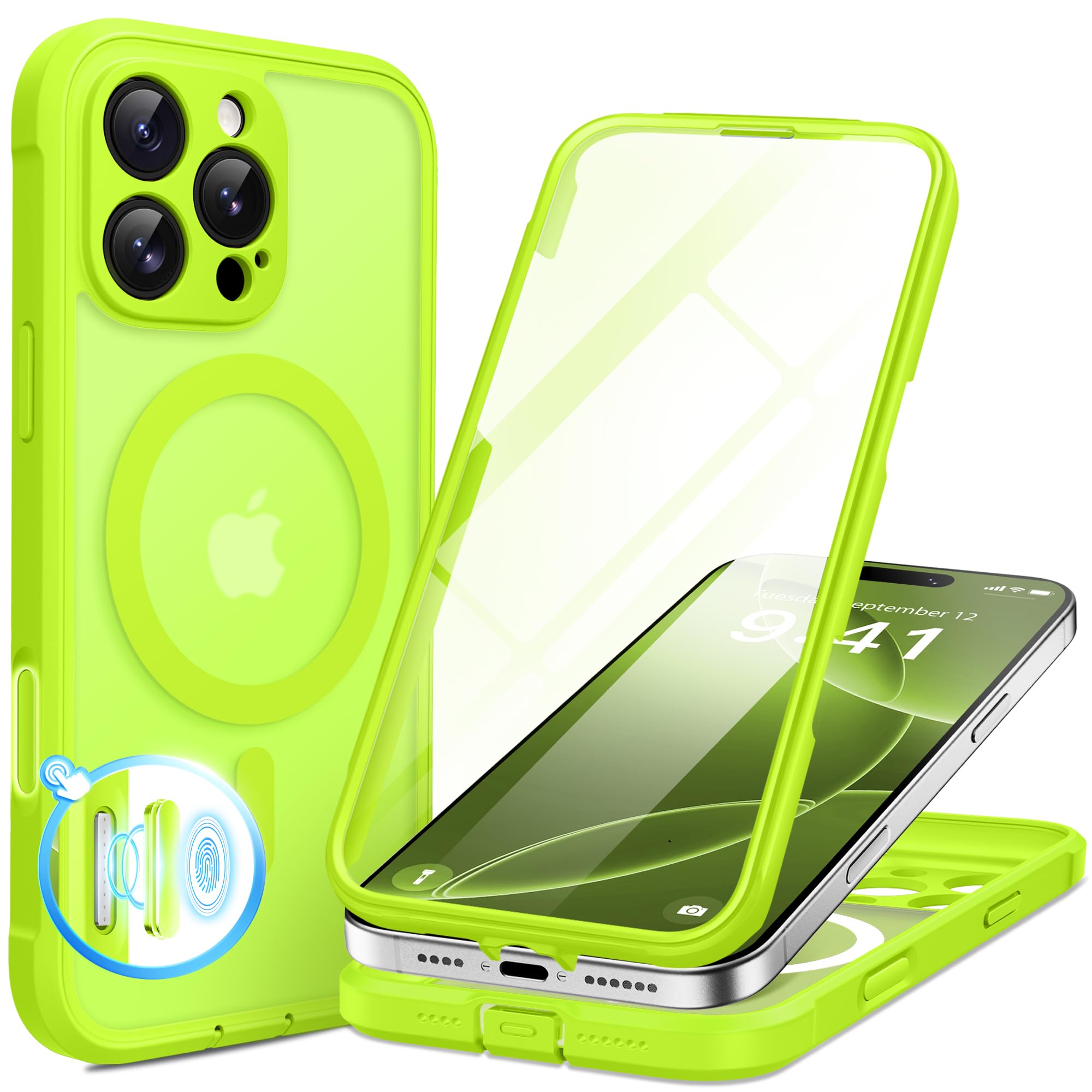 Photo 1 of BERFY for iPhone 16 Pro Max Case, Compatible with MagSafe, Built-in 9H Tempered Glass Screen Protector and Camera Protection, Full Body Shockproof Matte Phone case for 16 Pro Max 6.9", Bright Green
