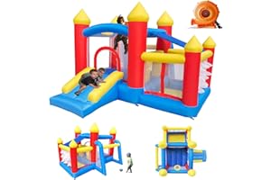 Baralir Indoor Bouncy Castle for Kids Inflatable Bounce House with Blower, Ball Pit Jumping Castle with Sunshade and Slide, E