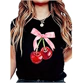 RoseSeek Women's Bow Cherry Graphic Tees Tops Crewneck Short Sleeve Y2K T Shirt