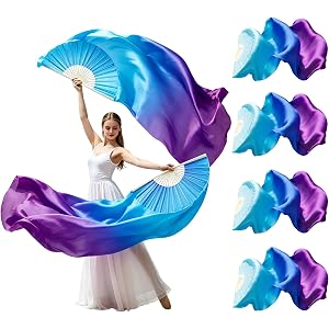 Belly Dance Faux Silk Fan Veil, 2 Pairs Handmade Long Silk Chinese Fans | for Dancing Abanicos de Danza Cristiana for Line Da