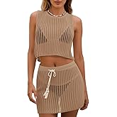 Fisoew Womens 2 Piece Crochet Sets Sleeveless Crop Tops Cover Up Beach Mini Skirt Outfits Vacation Sets