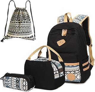 Neuleben Schultaschen 4 Set Schulrucksack + Kühltasche + Federmäppchen + Beutel aus Canvas für Damen Mädchen Kinder (Schwarz)