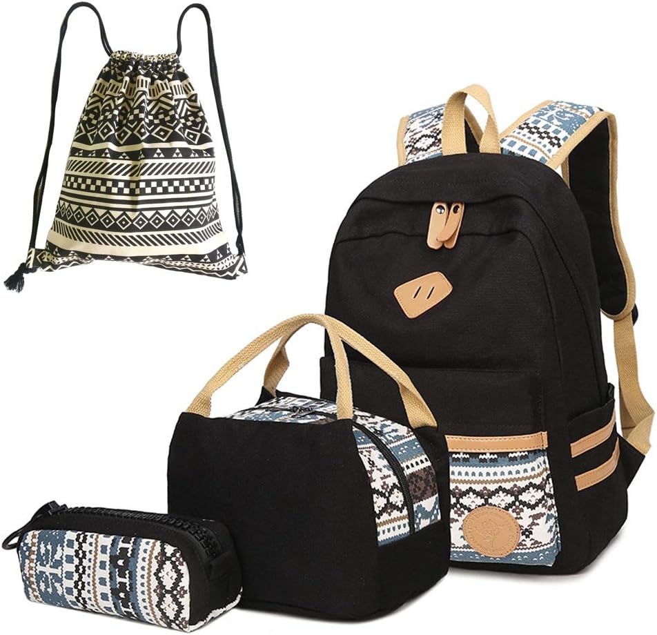 Neuleben Schultaschen 4 Set Schulrucksack + Kühltasche + Federmäppchen + Beutel aus Canvas für Damen Mädchen Kinder (Schwarz)