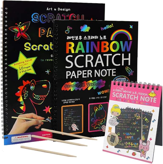 BAISDY 3 Pack Rainbow Scratch Notepad Scratch Paper Art Set for Kids