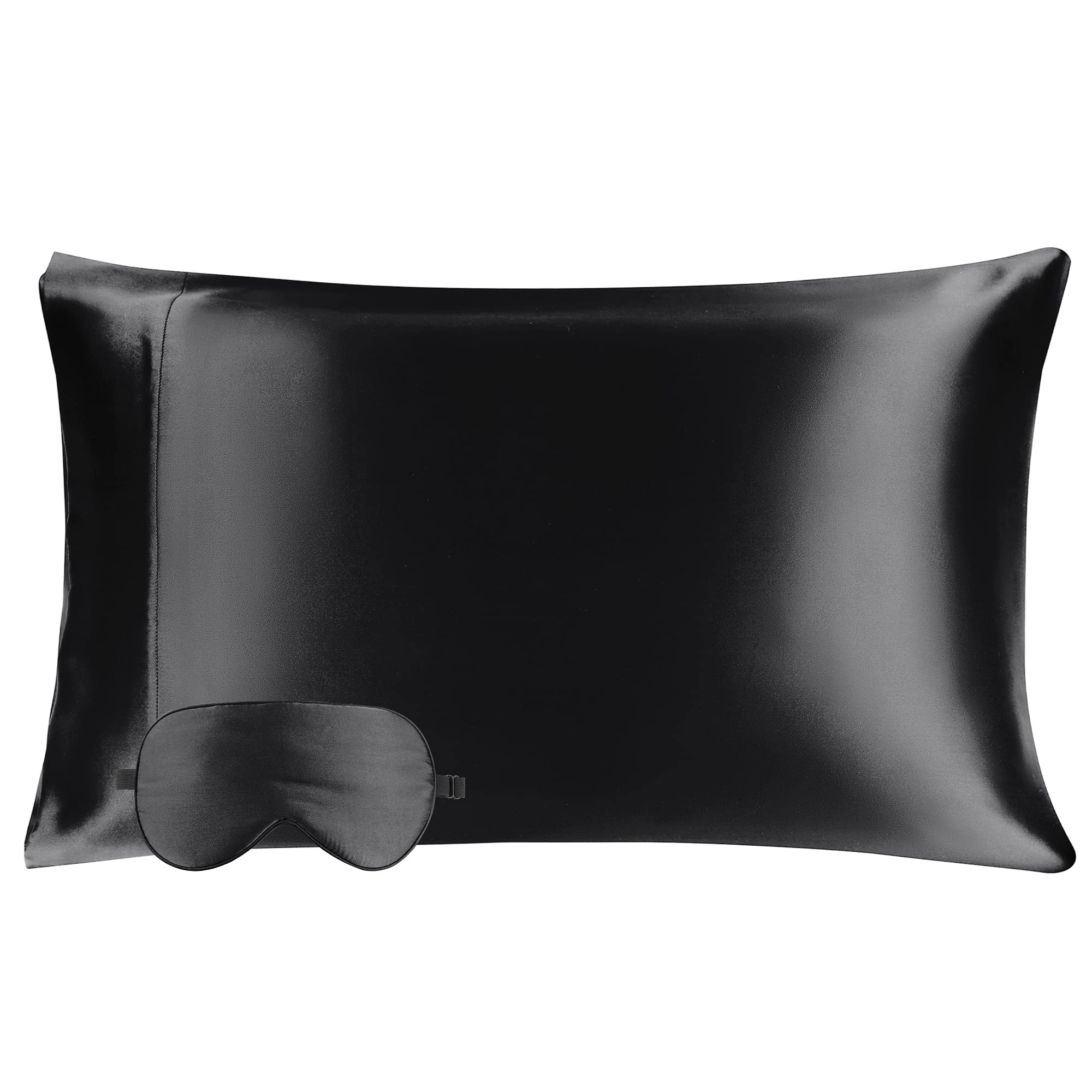 PiccoCasa Mulberry Silk Pillowcase for Hair and Skin, Both Sides 350TC 19 Momme Pure Silk, Silk Pillow Case with Envelope Closure Give A Silk Eye Cover, 1Pc Black Queen(50x75cm)