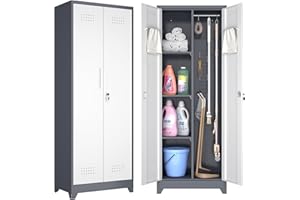 GREATMEET 65" H Broom Closet, Broom Closet Cabinet with Pegboard and Hanging Rod, Cleaning Tool Storage Cabinet, Tall Metal Utility Closet with Locking Doors for Bathroom, Garage