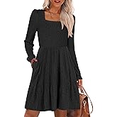 ANRABESS Women's Square Neck Long Sleeve Fall Dress Casual Ribbed Knit Soft 2026 Trendy Short Sweater Dresses with Pockets