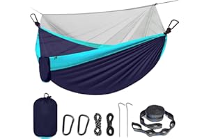 TOPCHANCES Portable Double Camping Hammock with Mos-Quito Net - 2-Person Lightweight Nylon Parachute Hammock for Outdoor Camping, Hiking, and Travel (Sky Blue&Navy Blue)