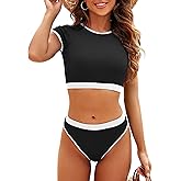 Jolefile Two Piece Swimsuits for Women High Neck Tankini Bathing Suits Tummy Control Ribbed Swim Suits for Teens Girls