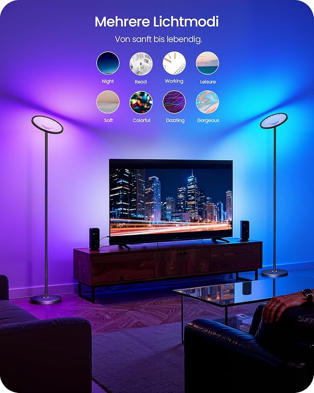 RGB Stehlampe mit APP- und Sprachsteuerung, Kompatibel mit Alexa, Musik Sync, Smarte LED Stehleuchte Schwarz, 10-100% Dimmbare WLAN Standleuchte für Wohnzimmer ZB18LDD05