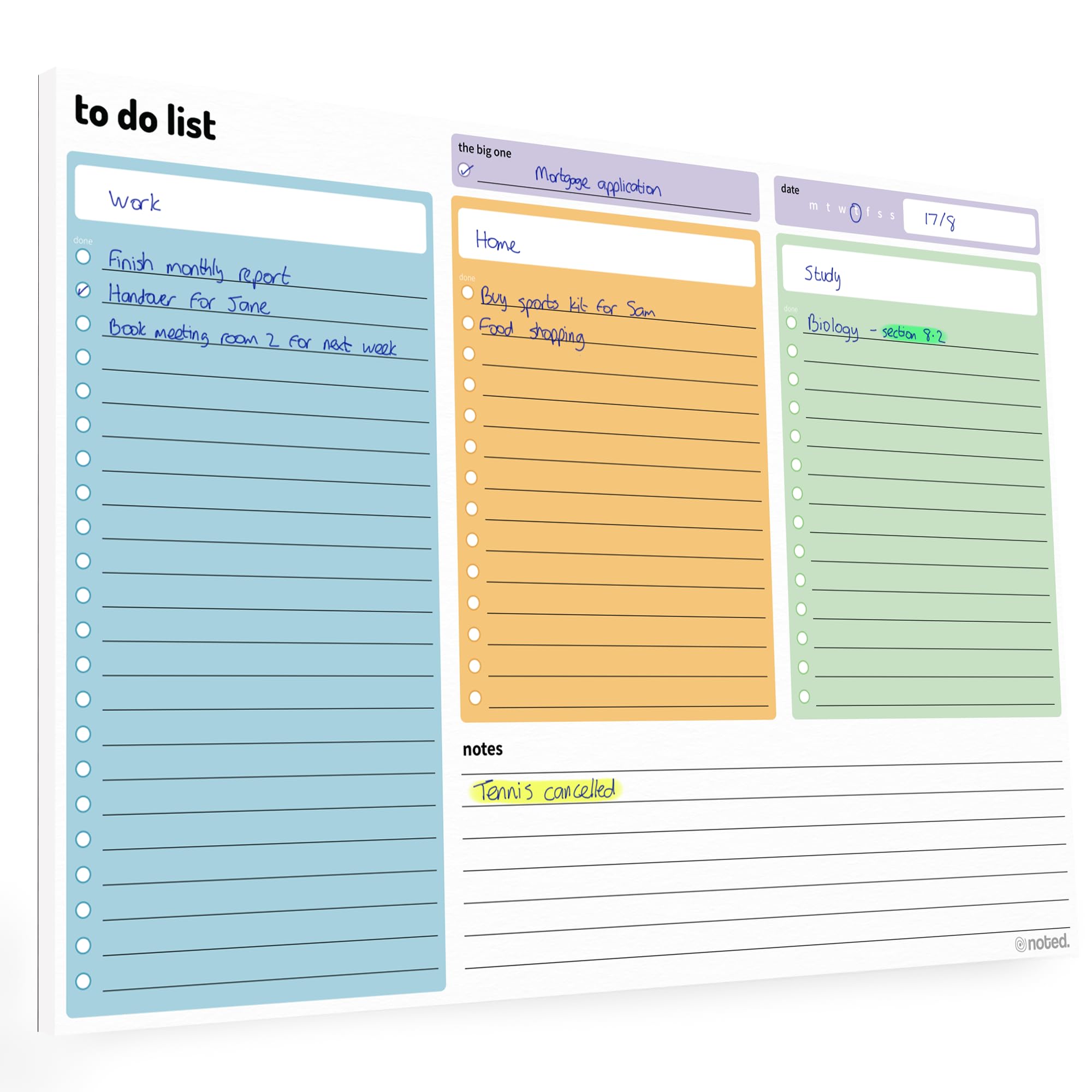 A4 To Do List Pad – 52 sheet Daily todo planner – 3 section undated desk organiser by Noted – 29x21cm - for work tasks, study revision and home planning – colourful 100gsm paper