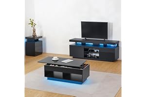 HOMMPA LED Lift Top Coffee Table and TV Stand Set of 2,Modern LED Entertainment Center with Power Outlets for up to 70" TV, Coffee Table with Hidden Compartment & 2 Open Shelve Black
