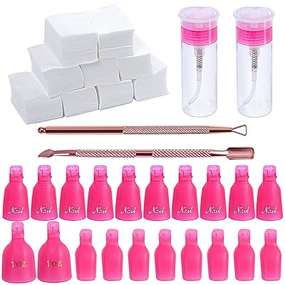 Juego de herramientas de removedor de esmalte de u&ntilde;as URATOT, botella 2, juego de empuje y cortador de cut&iacute;cula de tri&aacute;ngulo de oro rosa, 500 almohadillas de algod&oacute;n de removedor de esmalte de u&ntilde;as, 20 Toe and Finger Nail Soak Off Cap Clips para Nail Arts