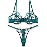 VORIXIA Lingerie Sexy Bra and Panty Set for Women See Through Sheer Underwear Cute Exotic Foral Embroidery Babydoll Suit