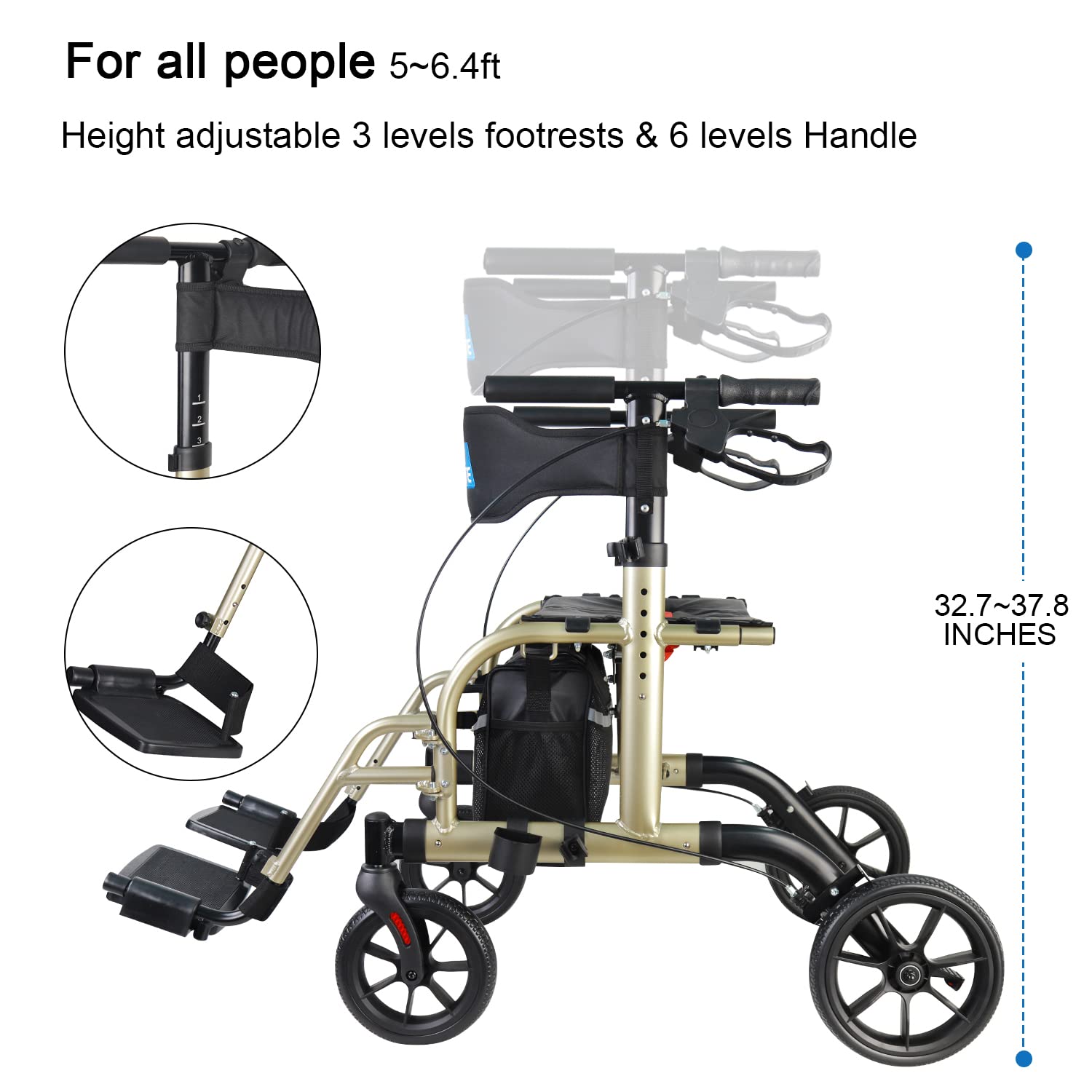 WALK MATE 2 in 1 Rollator Walker Transport Chair for Seniors, 10” Wheels Medical Rollator for Seniors with Widen Seat Backrest, Detachable & Adjustable Footrests Folding Walker Wheelchair Combo, Gold