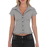 Women's Y2K Button Down Shirt Turn Down Collar Short Sleeve Plaid/Striped Print Frill Trim Crop Casual Top
