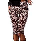 MakeMeChic Women's Mesh Leopard Print Knee Length Capri Leggings Stretch Y2k Pants