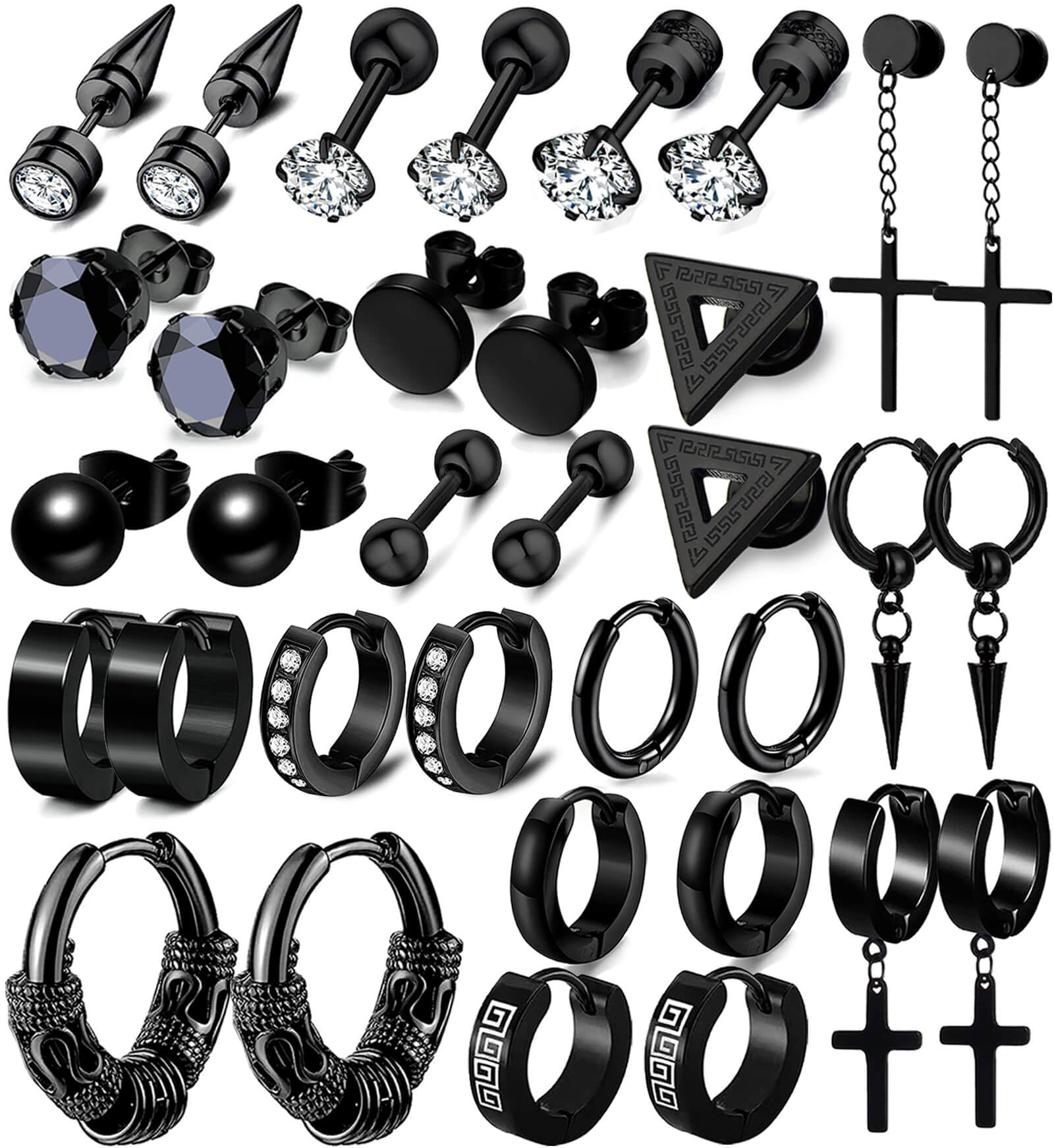 17 Pairs Earrings for Men, Stainless Steel Earrings For Men Sensitive Skin, Fashion Earring Piercing Jewelry Cross Dangle Hoop Earrings Kit Studs Long-lasting Shine