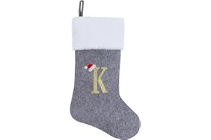 Chisander 20 Inches Grey with White Super Soft Plush Christmas Stockings Personalized Embroidered Monogrammed Xmas Stocking Hanging Ornaments for Family Holiday Xmas Party Decorations（Letter K）