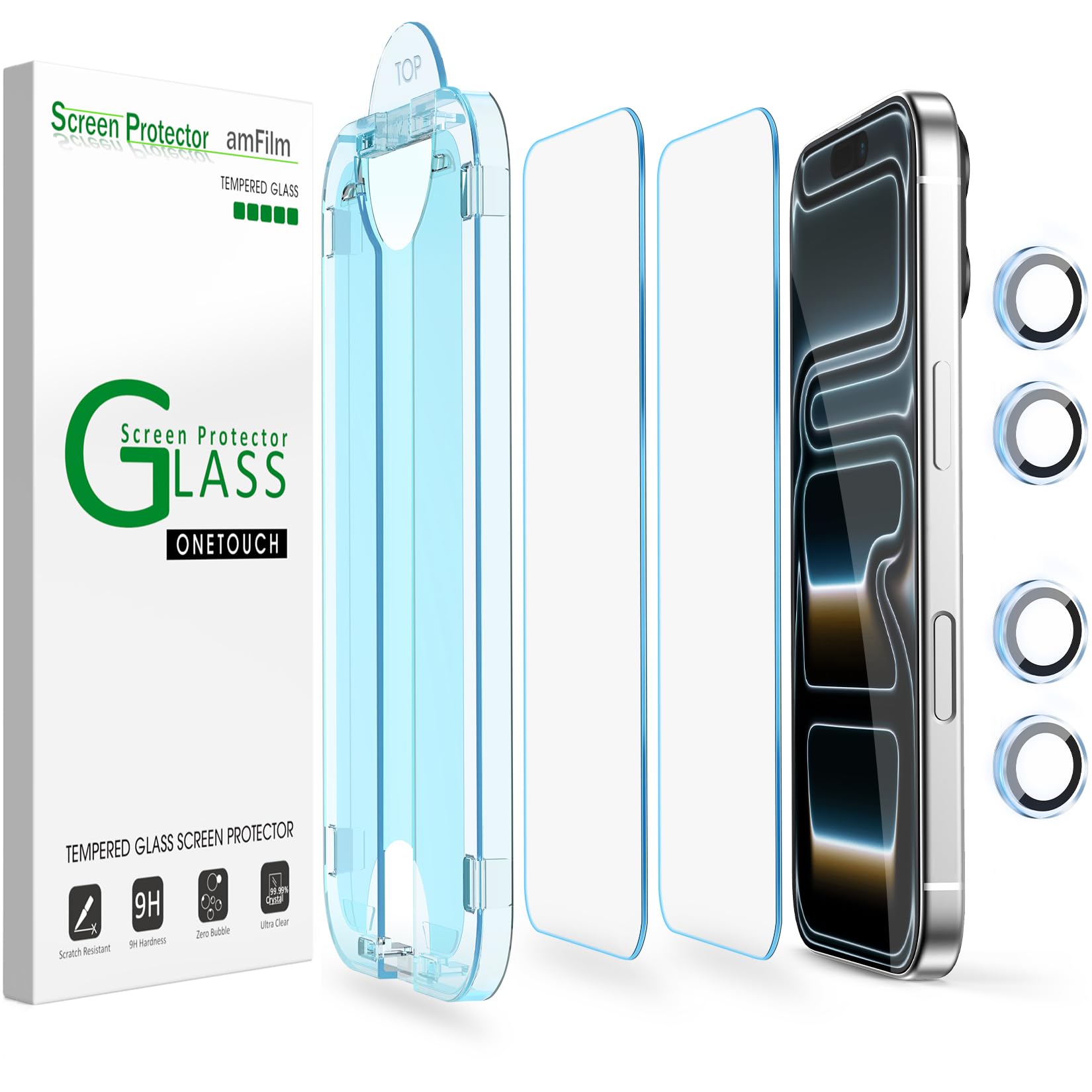 Photo 1 of amFilm OneTouch Screen Protector for iPhone 17 Pro 6.3'' + Camera Lens Protector | Auto-Alignment Install | Bubble Free | 9H Tempered Glass | Shatterproof | FHD Clarity | Case Friendly | 2+4 Pack
