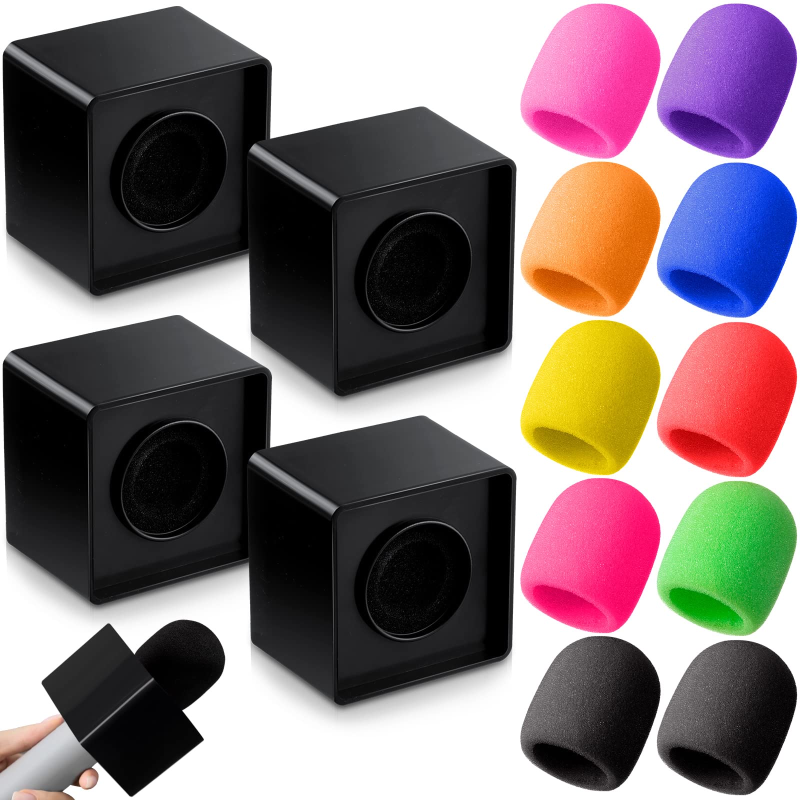 Photo 1 of 4 Pcs Microphone Flag Station ABS Interview Mic Logo Square Cube Shaped Mic Flag with 10 Pcs Microphone Foam Cover Microphone Accessories (Black Microphone Flag Station, Colorful Foam Cover)