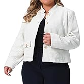 Agnes Orinda Plus Size Tweed Jackets for Women Elegant Stand Collar Button Down Cropped Blazer Jacket Business Casual Outfits