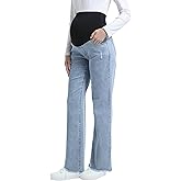 V VOCNI Maternity Jeans Wide Leg Stretch Over The Belly Pregnancy Jeans Straight Raw Hem Loose Denim Pants
