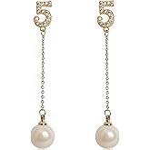 Fashion Designer Inspired Faux Pearl Lucky Number Long Charm Dangle Drop Earrings Studs for Women