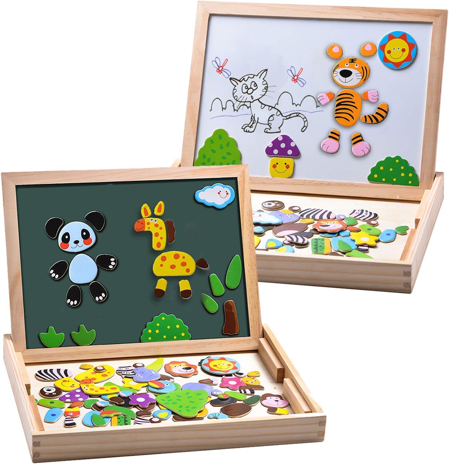 MOVEONSTEP 100+ pcs Double Wooden Magnetic Puzzle, Animal Patterns Puzzle Toy Magnetic Drawing Board for Boys Girls Kids Toddler 3+ Year Olds