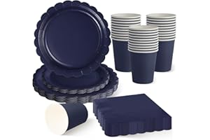 ZblPyro Navy Blue Party Tableware Set for 30 Guests | A Set of 120 pcs Includes Scalloped Paper Plates, Cups & Napkins | Corp