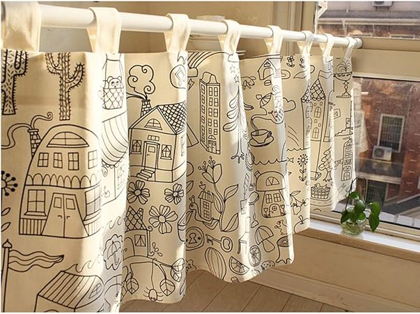 Lirang Mezza Tenda Stoffa Disegno A Matita Tenda Corta Fatta A Mano Tenda Piccola Cotone A Prova Di Polvere Caffe Negozio Cucina Bagno Stampa Tenda 1pcs Amazon It Casa E Cucina