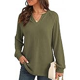 BLENCOT Long Sleeve Shirts for Women Trendy V Neck Fall Tops Cute Casual Waffle Loose Fitted Sweatshirt