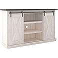 Signature Design by Ashley Dorrinson Farmhouse TV Stand Fits TVs up to 50" with Sliding Barn Doors and Storage Shelves, Whitewash & Gray
