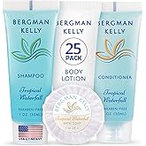 BERGMAN KELLY Hotel Toiletries Bundle (Tropical Waterfall, 1 oz each, 100 Pieces) 4-Piece Set: 25 Round Bar Soap, 25 Shampoo, 25 Conditioner & 25 Body Lotion - Bulk Mini Guest Amenities Supply