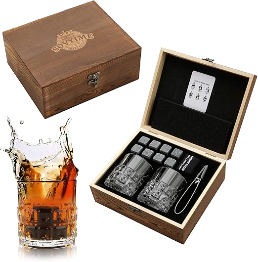 Amazon Com Whisky Stones Glasses Gift Set 8 Whisky Granite Chilling Rocks 2 Diamond Glasses Velvet Bag For Drinking Scottish Whiskey Or Gin Wooden Box Present For Christmas Birthday Retirement Kitchen Dining