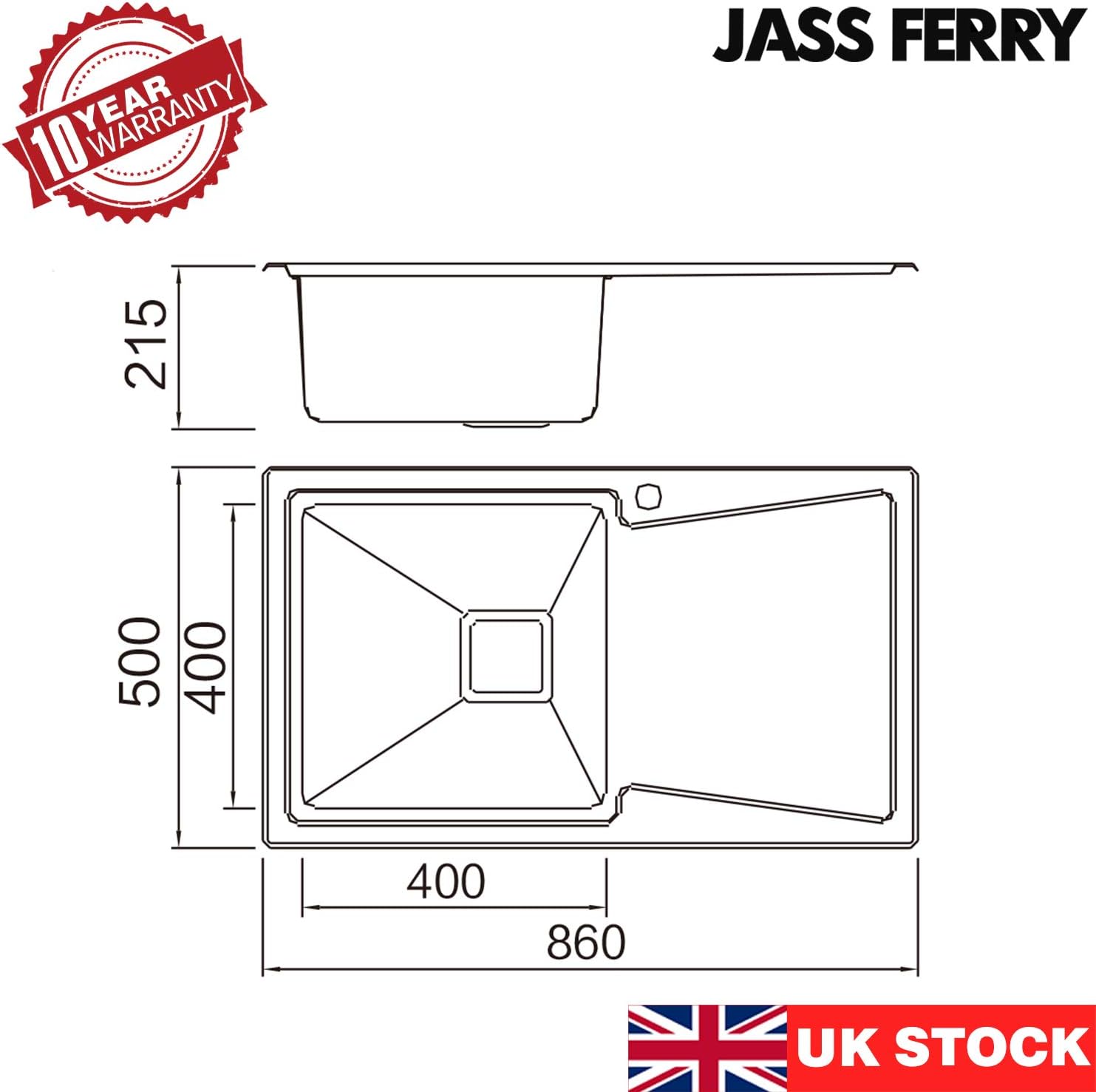 JASSFERRY Brilliant Inset Kitchen Sink 1.2 mm Thickness Stainless Steel Single 1.0 Large Rectangle Bowl Right Hand Drainer Square Strainer Plug Waste Pipe Kit - Image 3