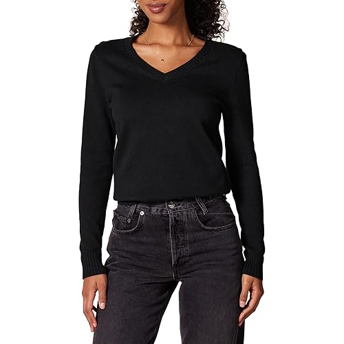 Amazon Essentials Women's Lightweight Long-Sleeve V-Neck Sweater, 100% Cotton, Black, Small