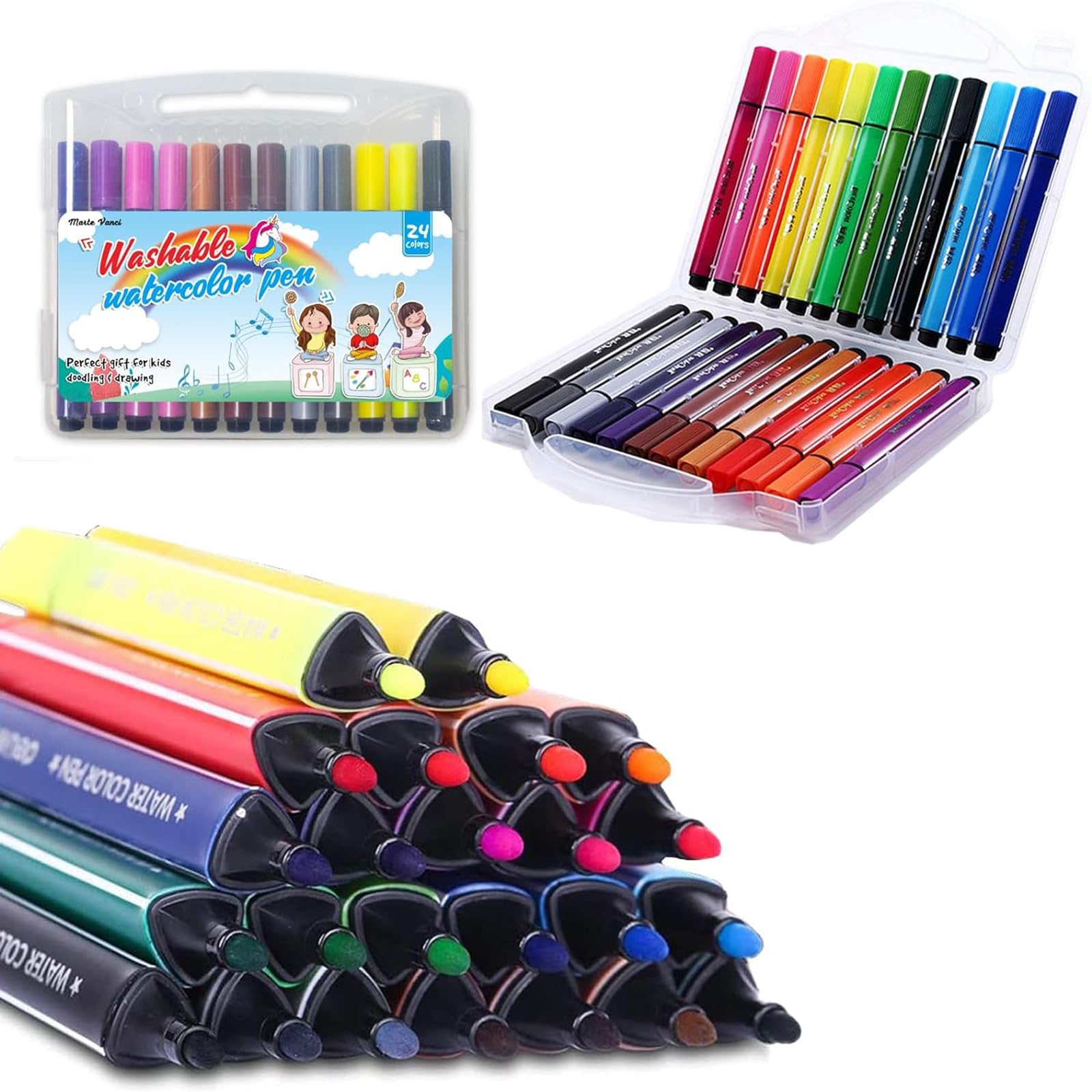 Marte Vanci Colouring Pens for Kids, 24 Colour Washable Felt Tip Pens for Children, Chunky Fibre Tip Water-Based Coloured Marker Gift Set with Storage Case for Christmas Adult Colouring Books Drawing