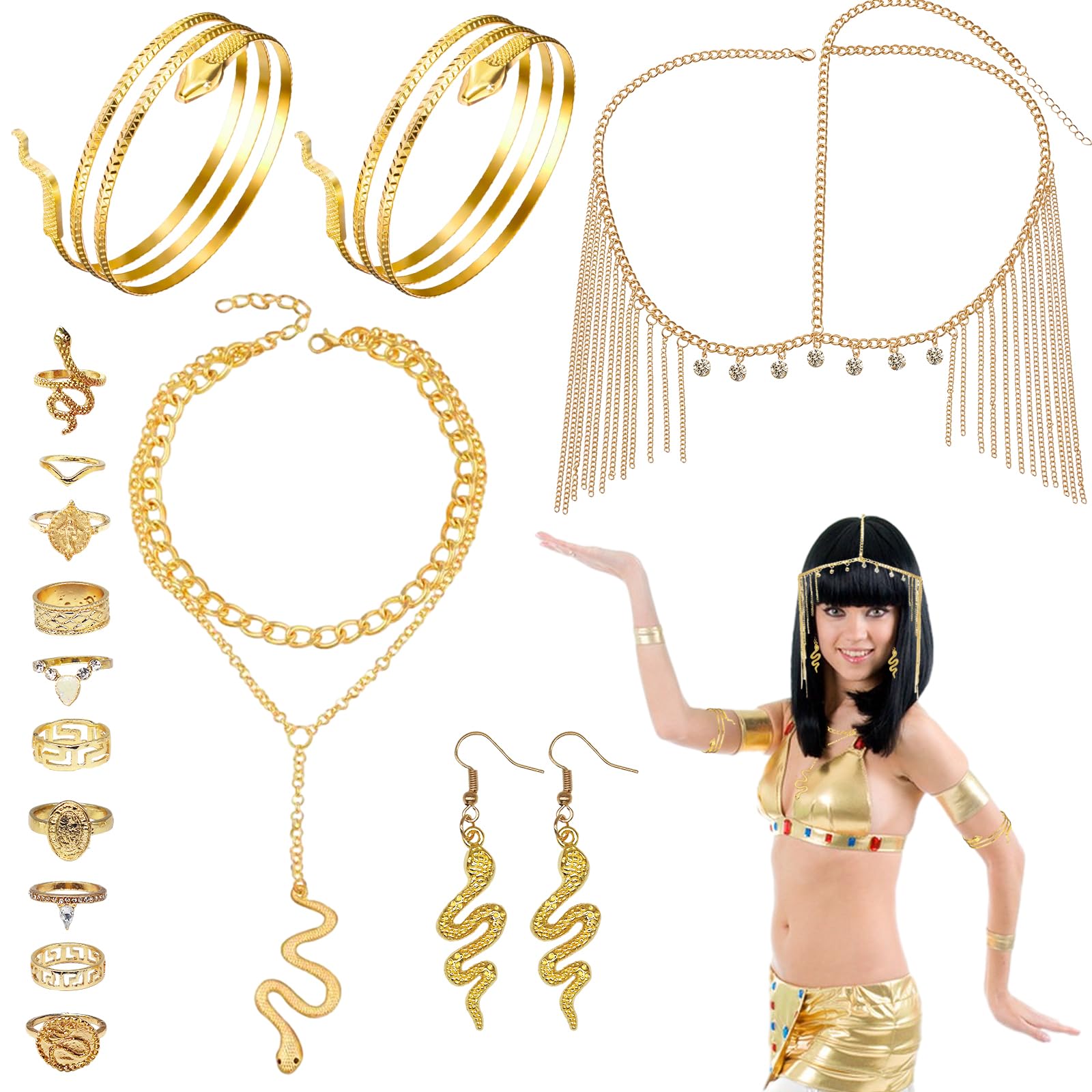 15 Pcs Egyptian Costume Accessories Set, Include Headpiece Tassel Cobra Necklace Swirl Snake Armband and 10pcs Rings, Ancient Egypt Dress Up for Women Vintage Party, Halloween Costume