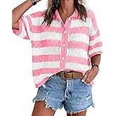 Cicy Bell Womens Summer Striped Crochet Cardigan Sweater Half Sleeve Button up Tops Loose Fit Cover Up