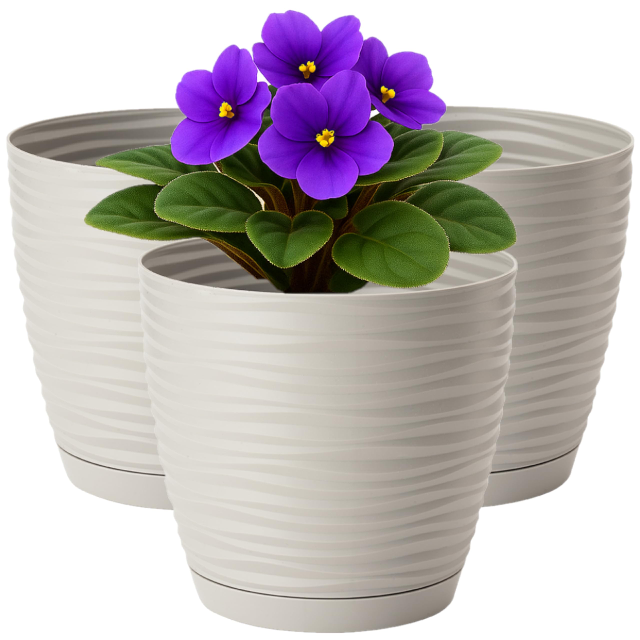 Home Garden Ornaments Wave Plant Pots Indoor, Set of 3 Indoor Plant Pot with 3D Effect, Drainage Holes, and Integrated Saucer, Plastic Flower Pots (Diameter: 13cm, Colour: Light Grey)