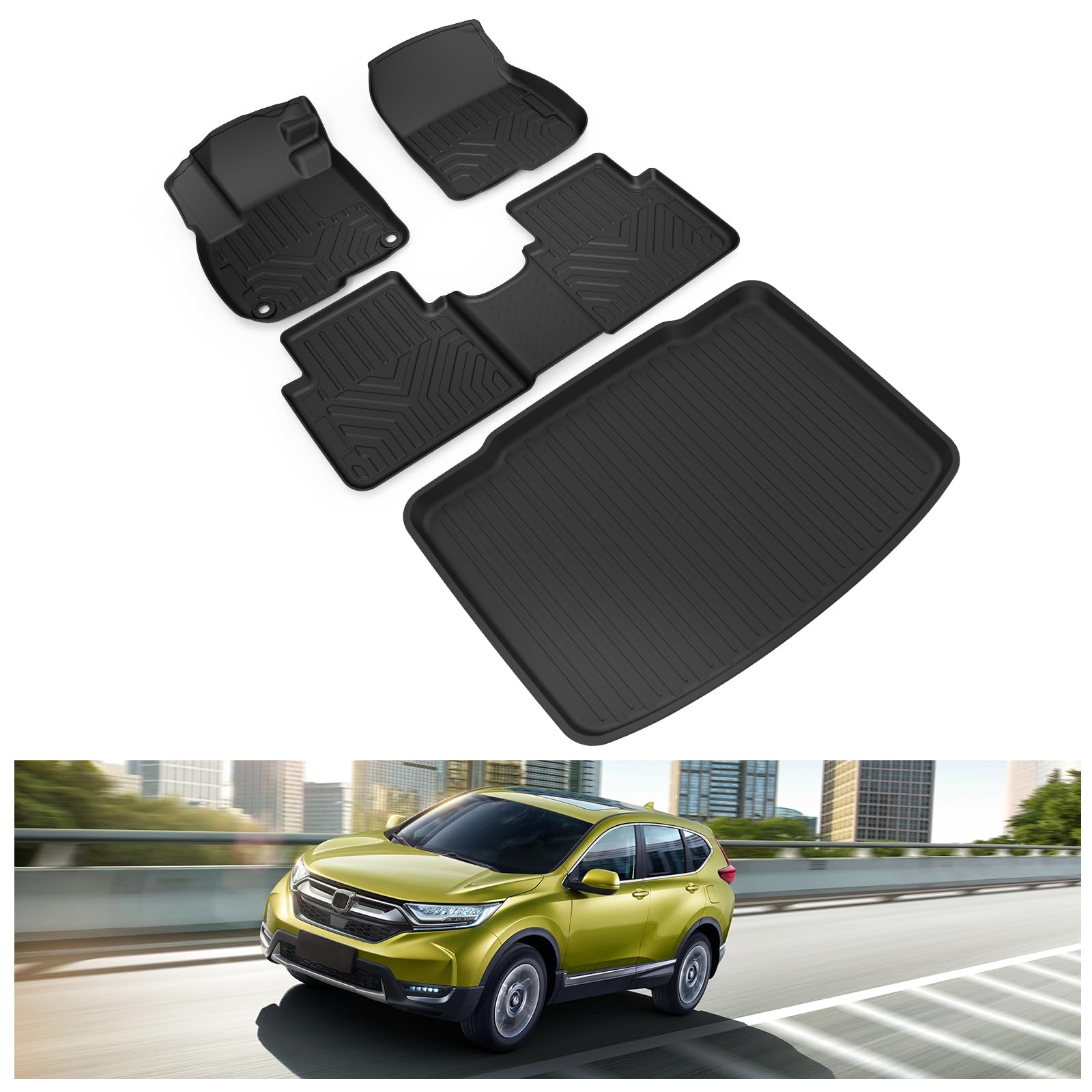 KIWI MASTER Floor Mats & Cargo Mat for 2017-2022 Honda CR-V (Tray in Lower Position), Custom Fit All Weather Car Mats, Heavy Duty TPE Floor Liners, Front & Rear & Tray Trunk Mat Set, Black Image