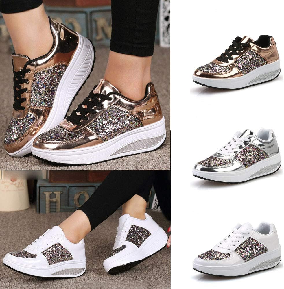 Women's Glitter Sequins Sneakers Wedge PU Leather Platform Heels Lace Up Walking